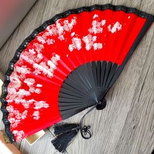 Vintage ornate red and black hand fan in box